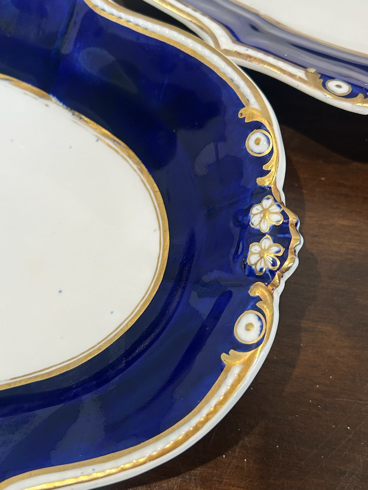 Pair Bloor Derby Oval Dessert Dishes Cobalt Gilt Borders Floral Sprays c.18305