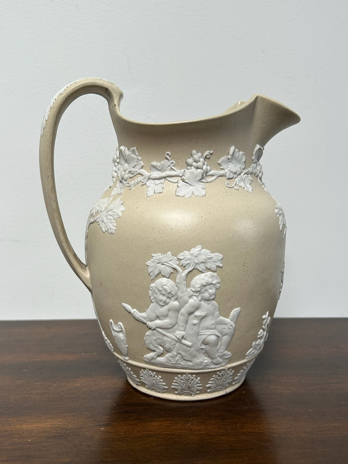 Antique Relief Moulded Stoneware Jug Wedgwood Style Buff White Sprigged c18301
