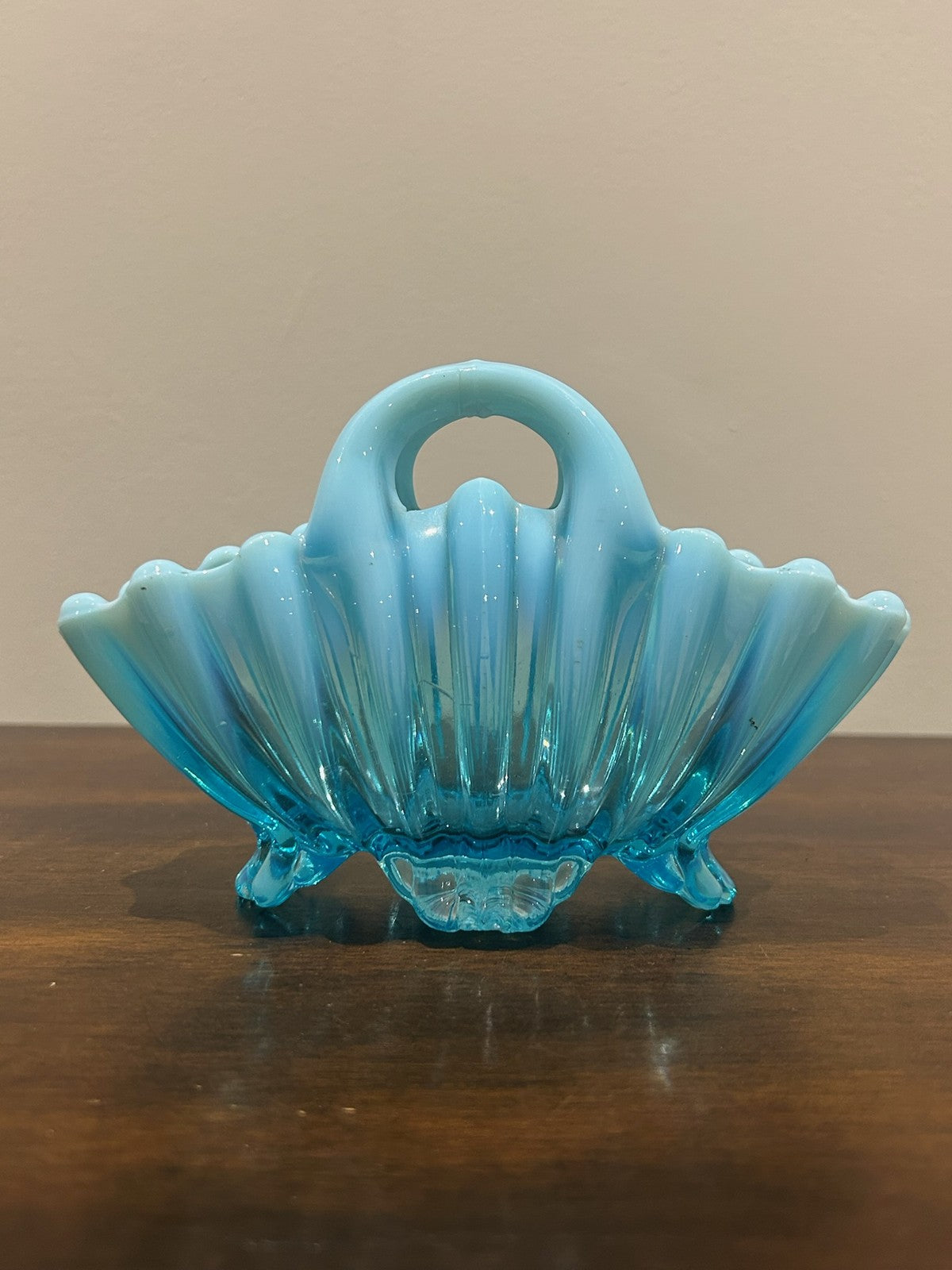 Pair Victorian Blue Pearline Opalescent Glass Basket Vases9