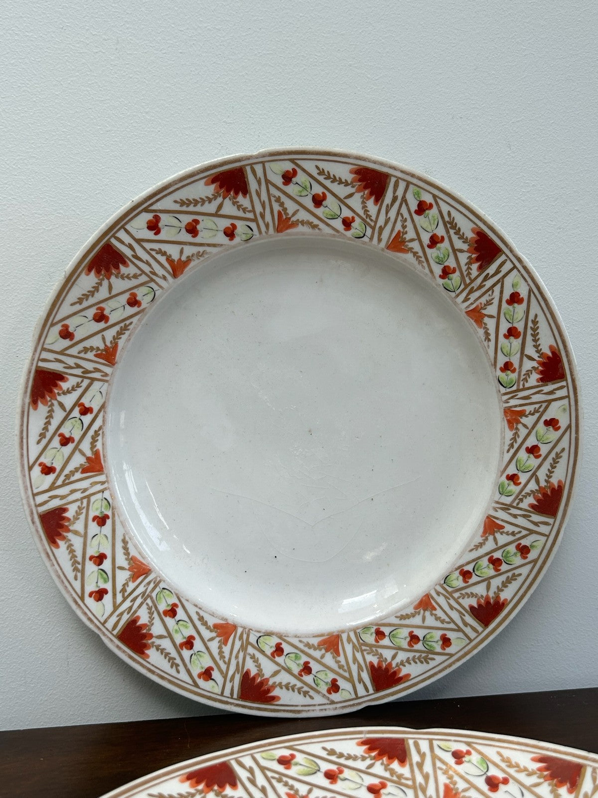 Pair Antique English Porcelain Plates Iron Red Stylised Leaf Border A/F1