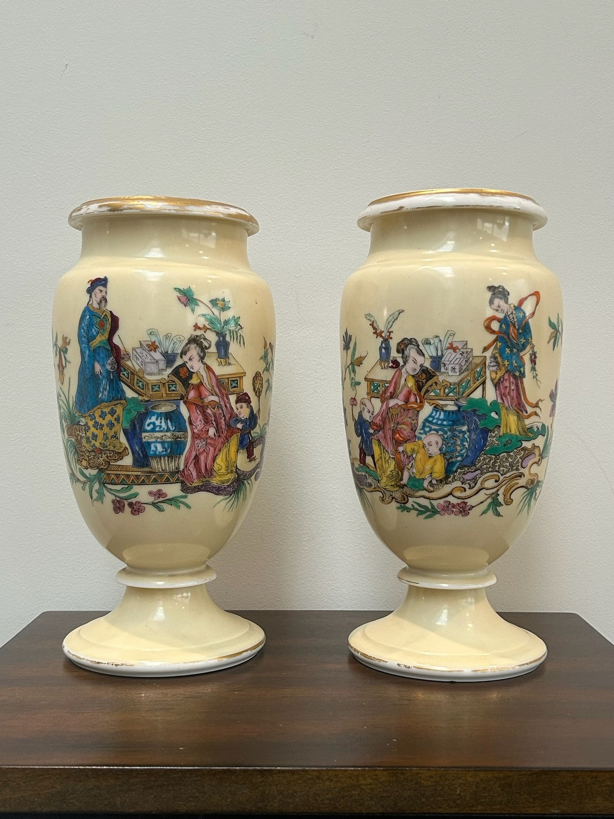 Pair Antique Victorian French Opaline Glass Chinoiserie Vases Hand Enamelled1