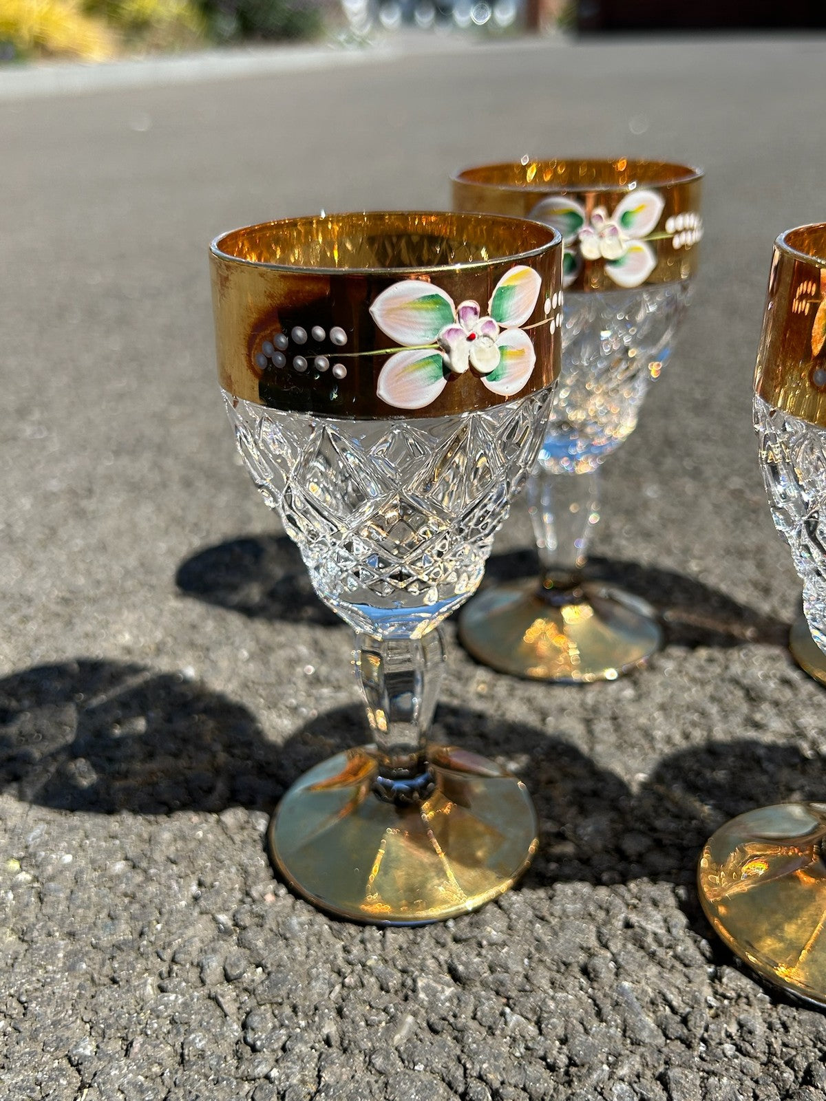 Set of 6 Bohemian Style Cut Crystal Wine Glasses Gilt Bands Enamelled Flowers2