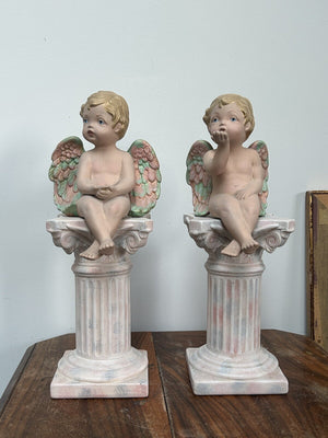 Pair of Italian Cherub Figurines on Ceramic Plinths, Signed Sciolo 1990, 36cm