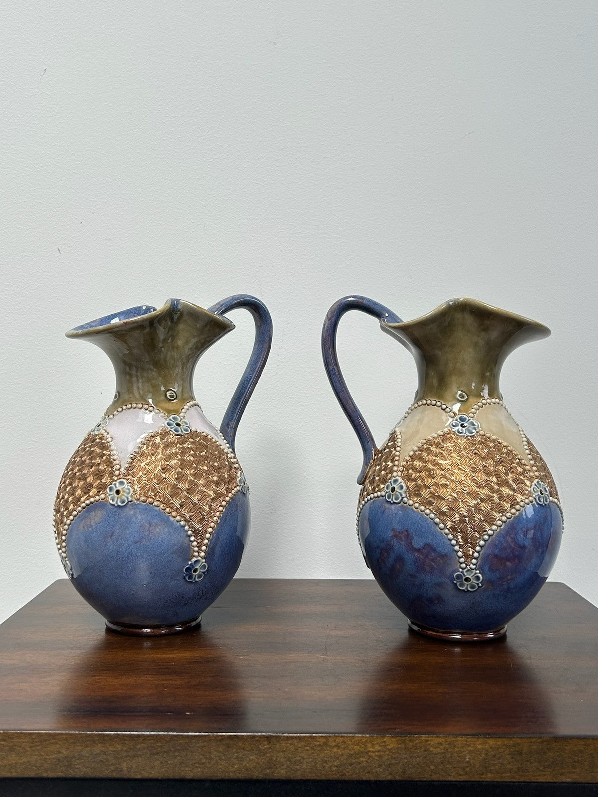 Pair Royal Doulton Stoneware Ewers Jugs Blue & Brown Beaded 22cm1