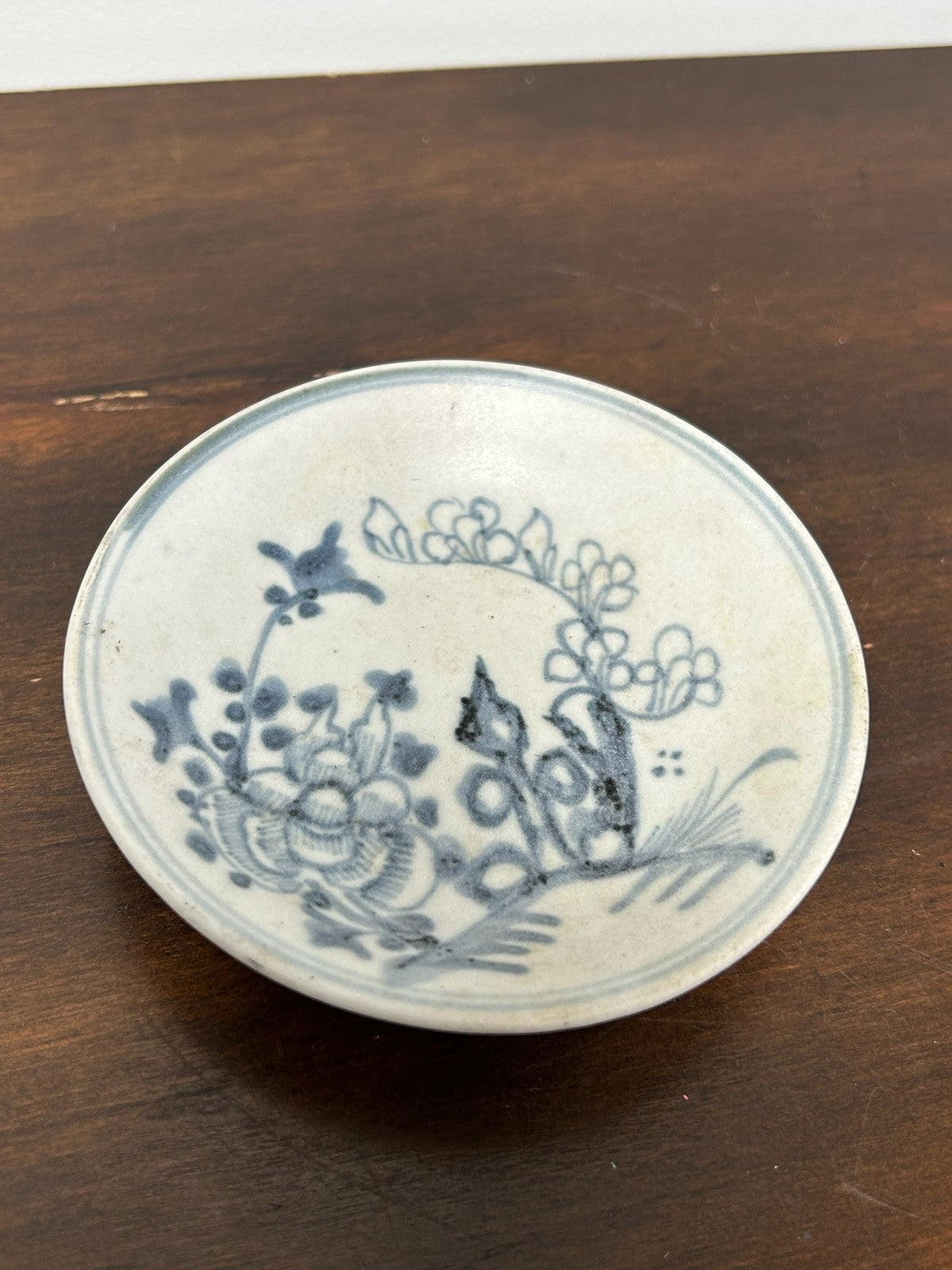Chinese Blue & White Porcelain Dish Floral Seal Marks Antique 10cm0