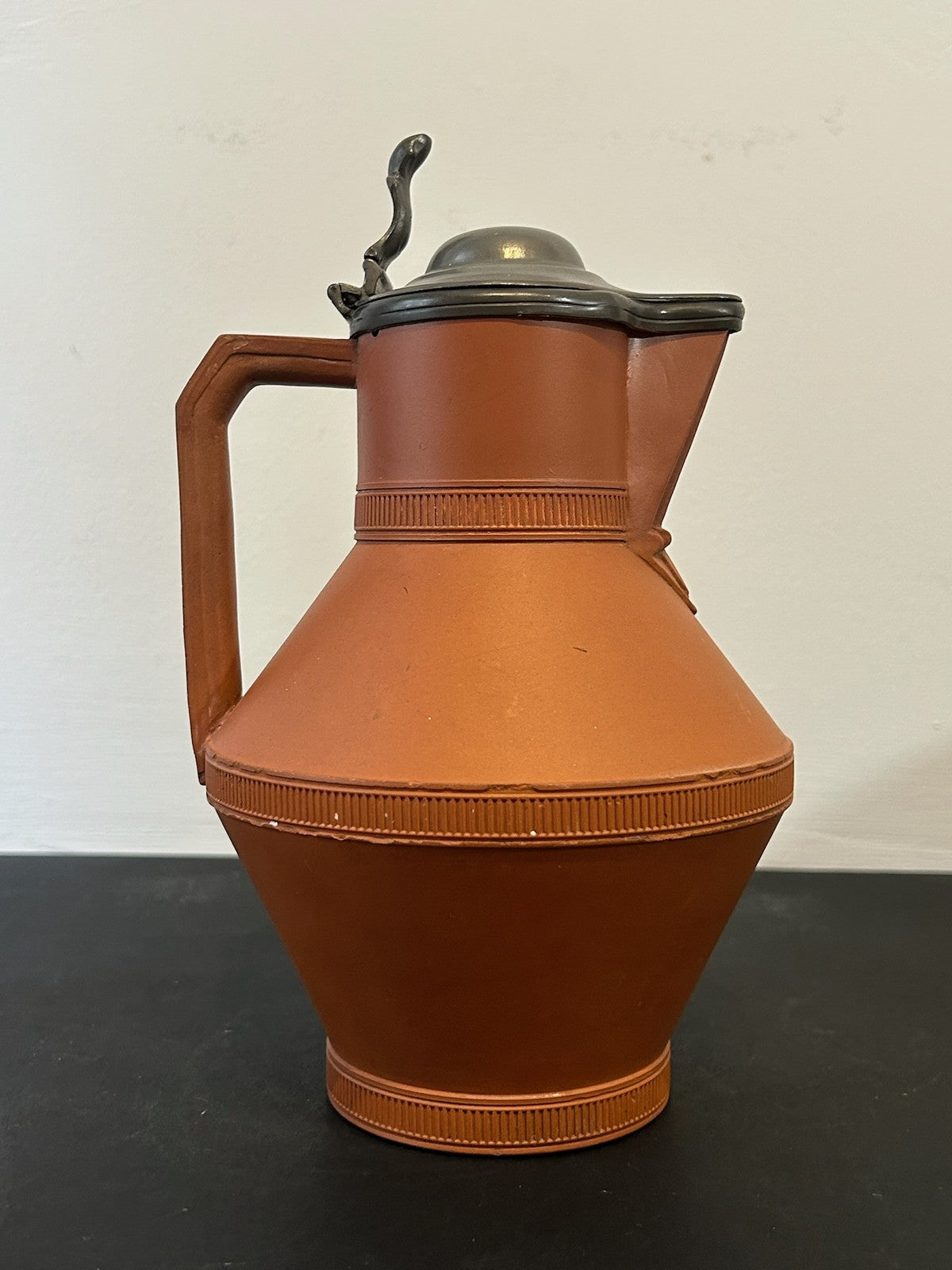 Antique Watcombe Torquay Terracotta Jug Pewter Lid Registered Design 1872 23cm2