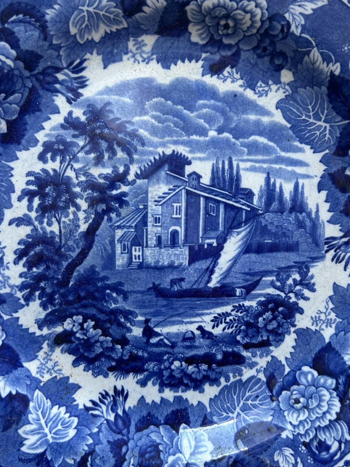 Antique Staffordshire Dark Blue Transferware Plate c1820 Castle Ruins Floral1