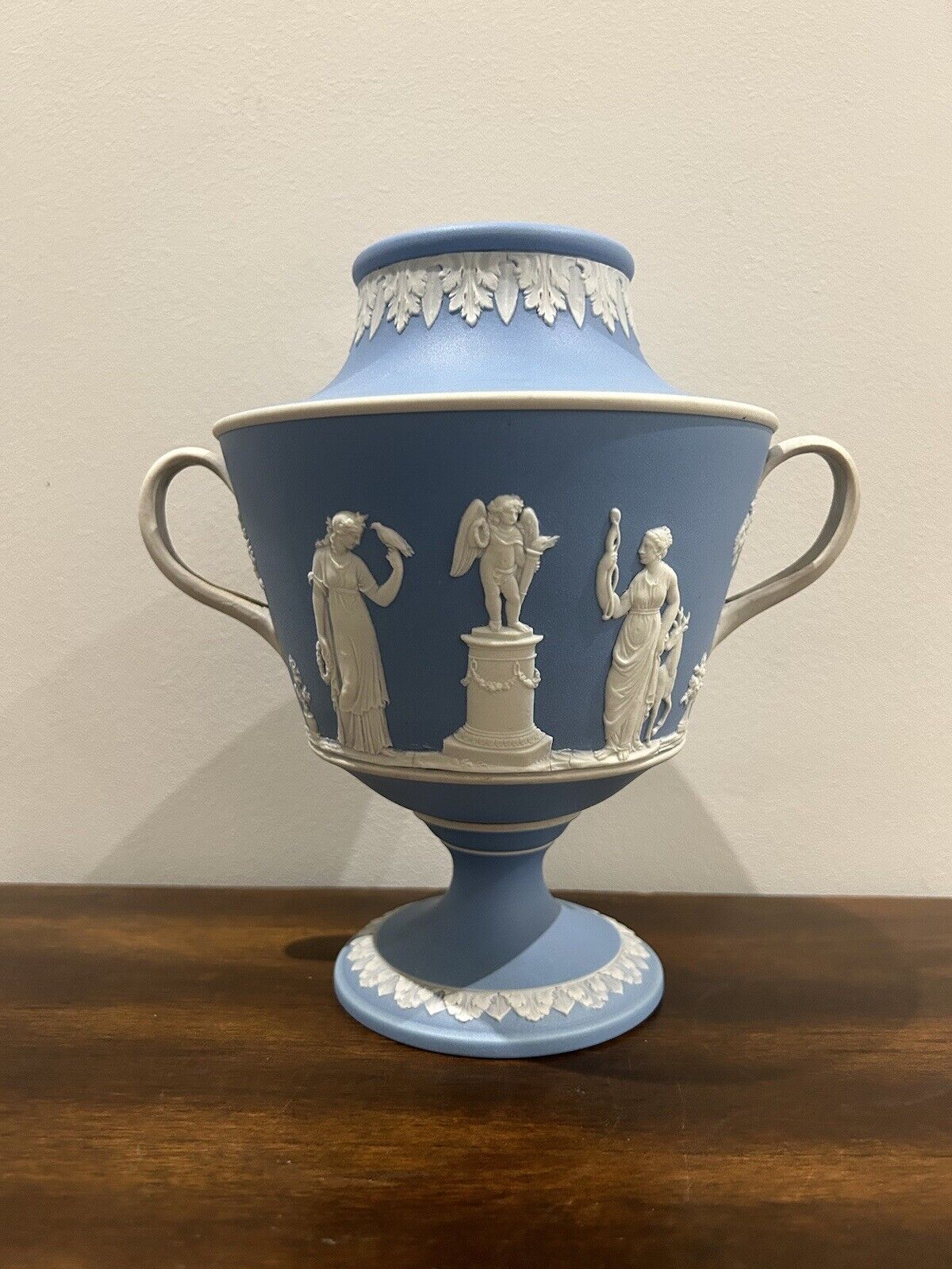 Unusual Wedgwood England Jasperware Twin Handle Urn Vase Blue