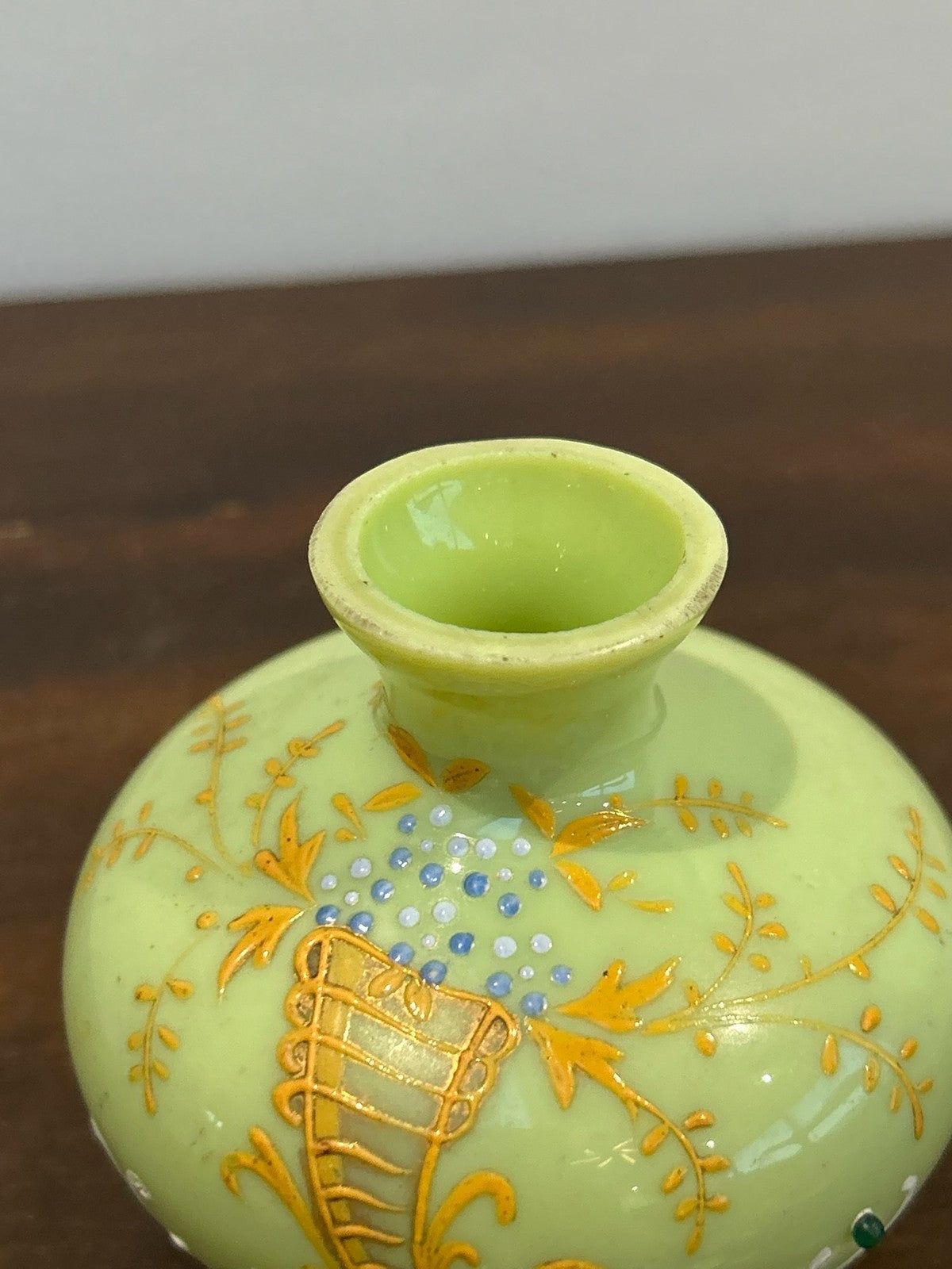 Antique Bohemian Green Opaline Glass Vase Raised Gilt Enamel Cornucopia Jewelled4