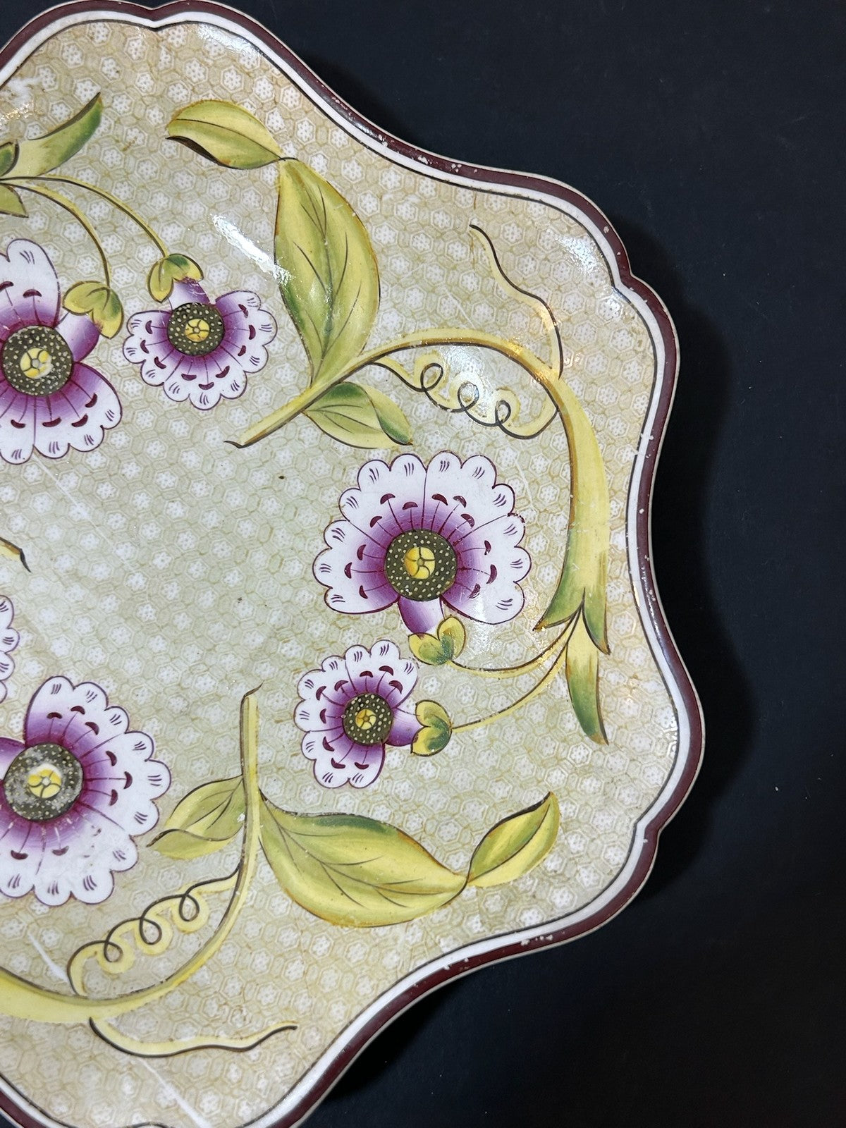 Antique Wedgwood Pearlware Yellow Ground Passion Flower Dish Impressed 21cm2