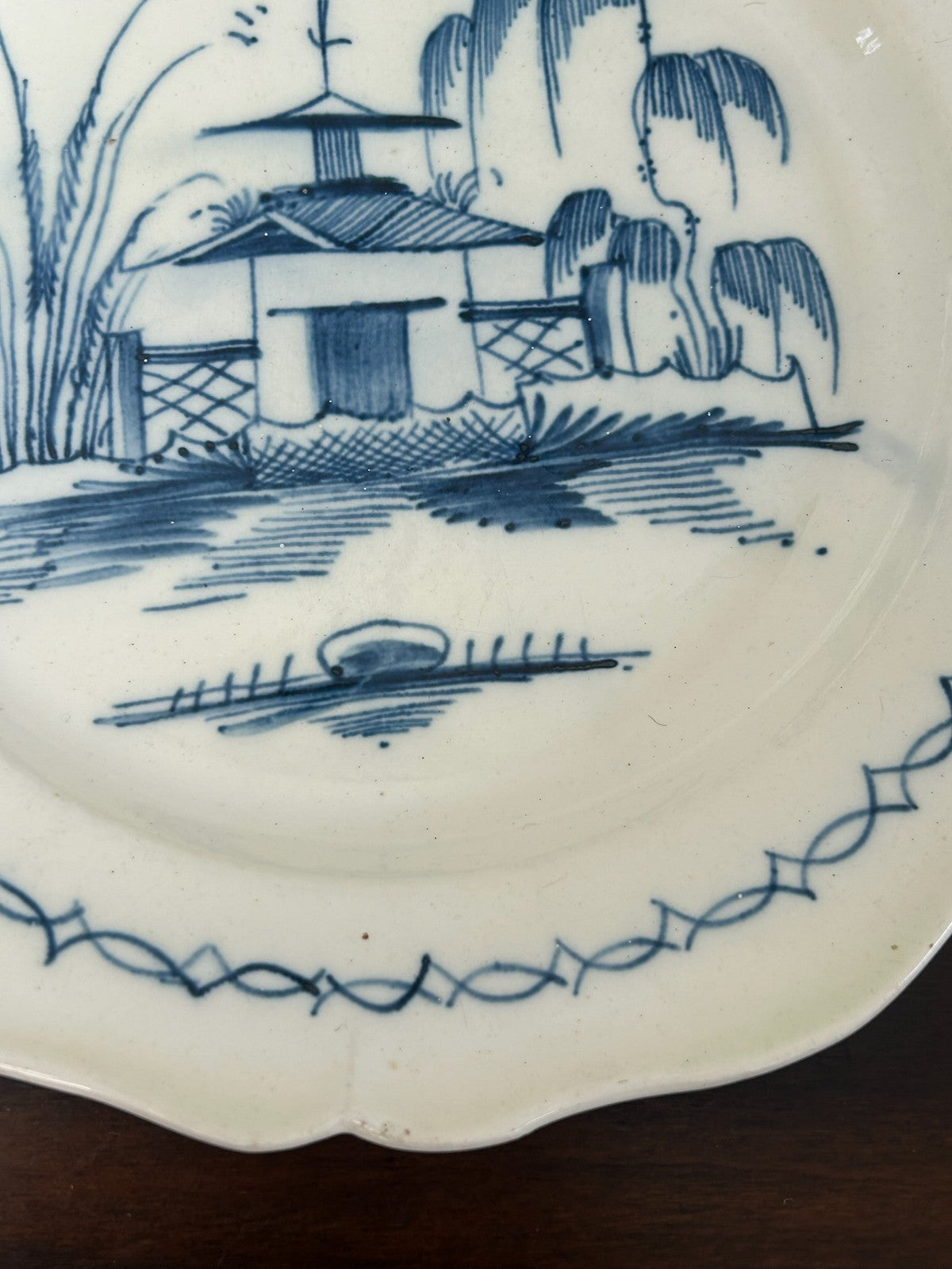 Antique Pearlware Plate Hand Painted Blue Chinoiserie Pagoda Willow Shaped Rim3