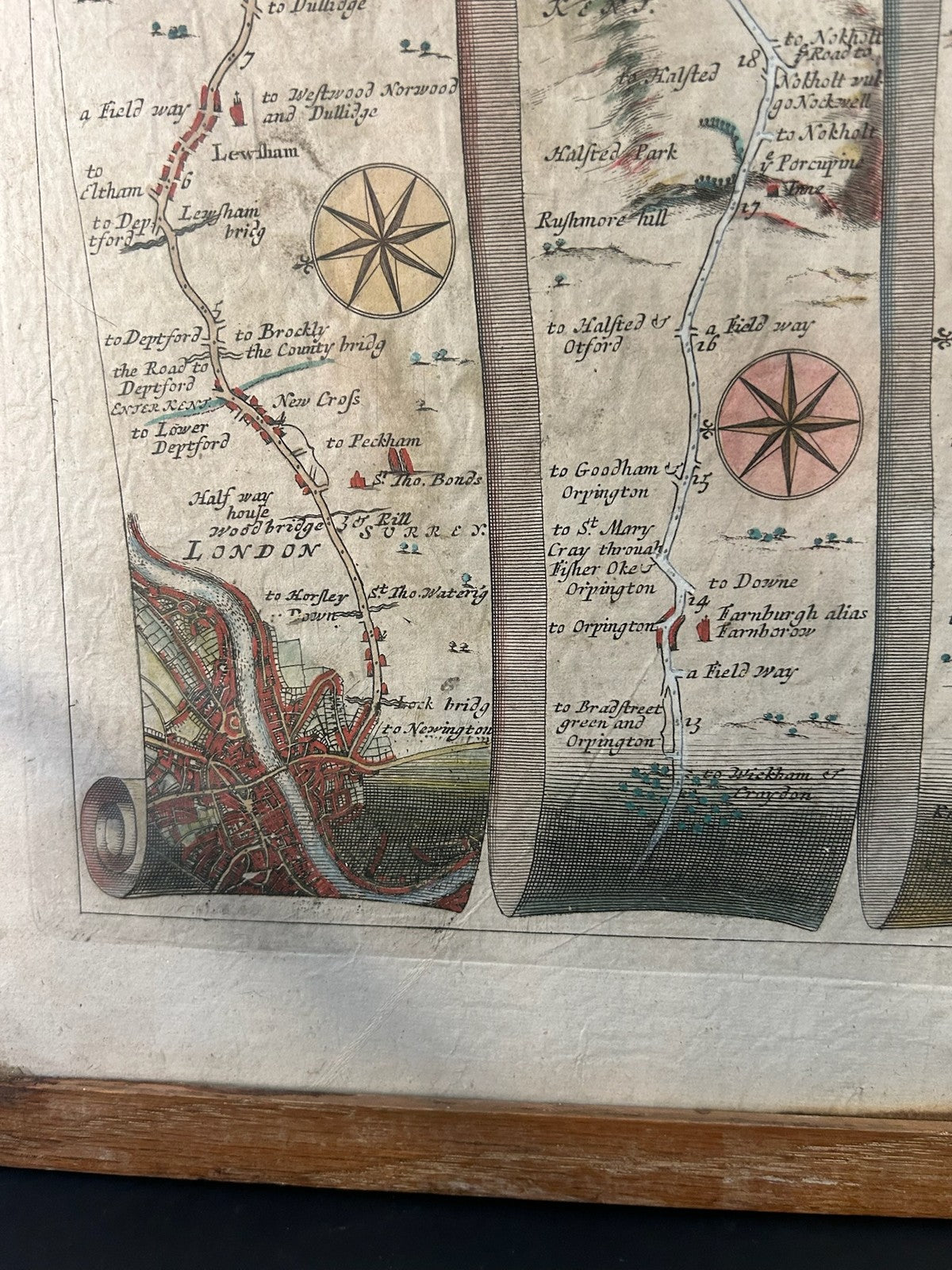 John Ogilby 1675 Road Map London to Rye Sussex Britannia Strip Map Framed2