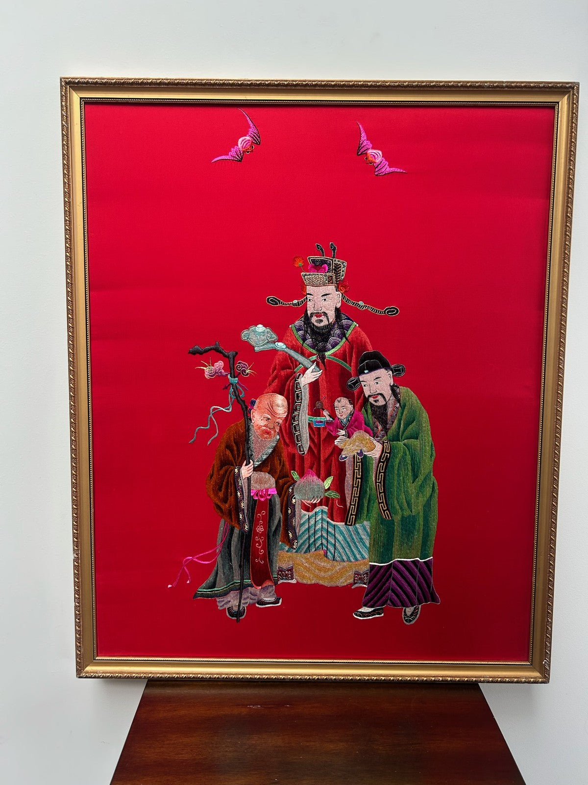 Antique Chinese Embroidered Silk Picture Immortals Red Ground Framed 58x69cm1