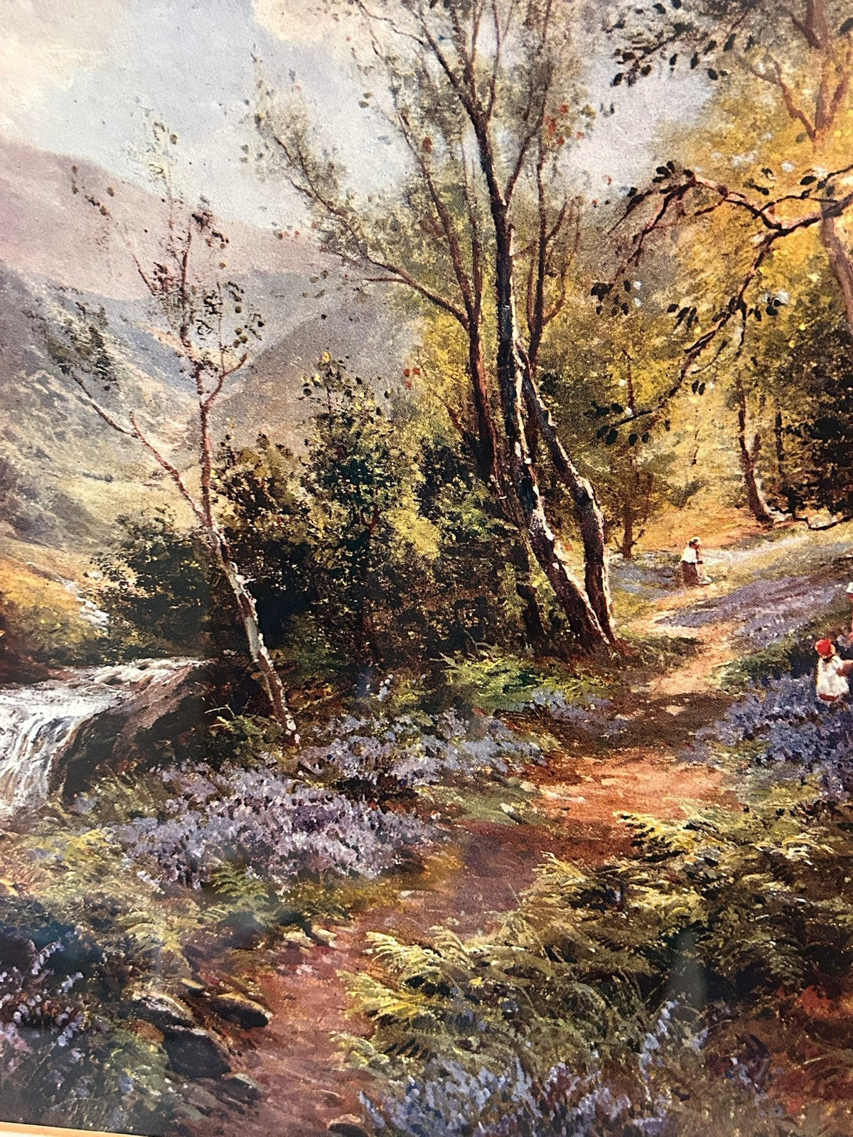 Antique Colour Print Autumn Woodland River Landscape Highland Stream Framed 56cm5