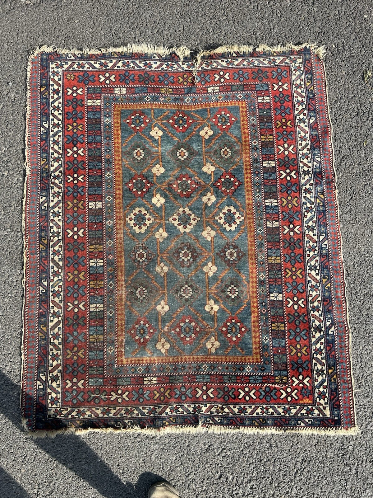 Antique Caucasian Kuba Rug c1900 Blue Lattice Chichi Hand Knotted Wool 127x155cm0