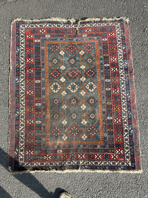 Antique Caucasian Kuba Rug c1900 Blue Lattice Chichi Hand Knotted Wool 127x155cm