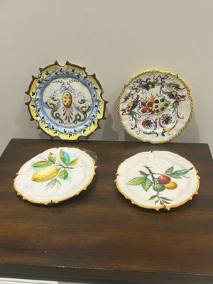 Set 4 Italian Maiolica Wall Plates Hand Painted Lemons Fruit Ornate