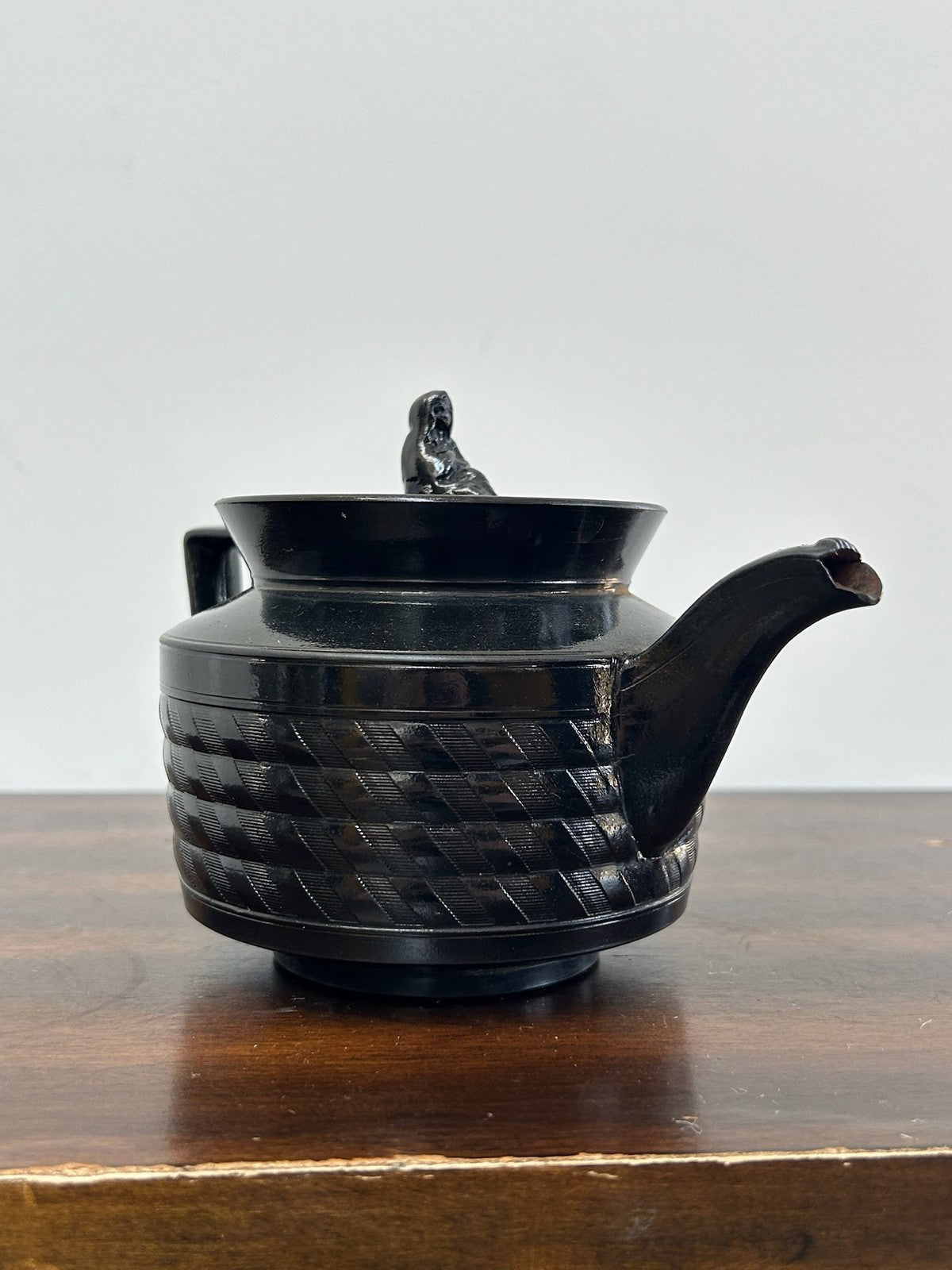Antique Black Basalt Engine Turned Teapot Seated Widow Finial1