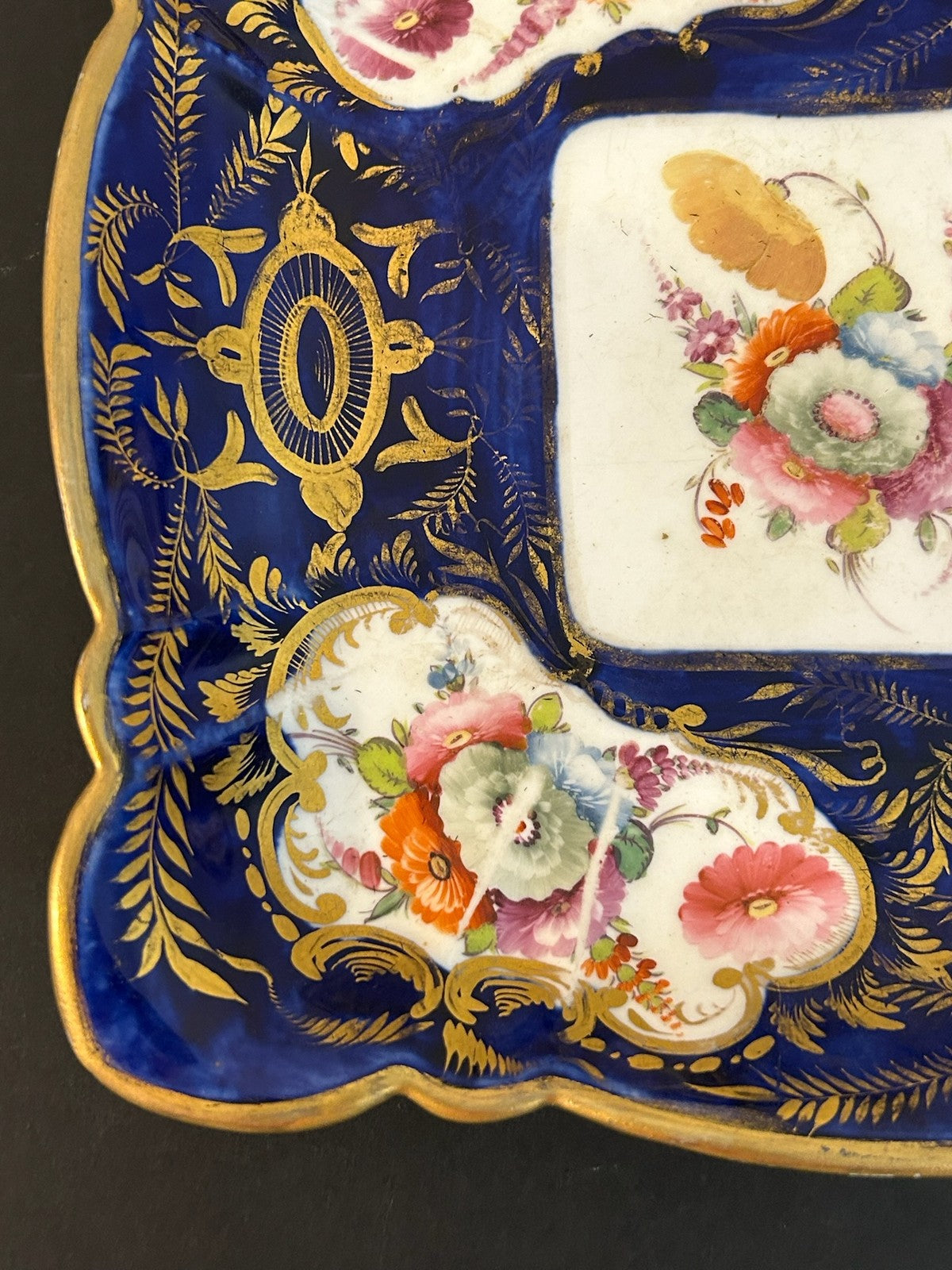 Antique English Porcelain Square Dish Cobalt Gilt Hand Painted Flowers A/F1