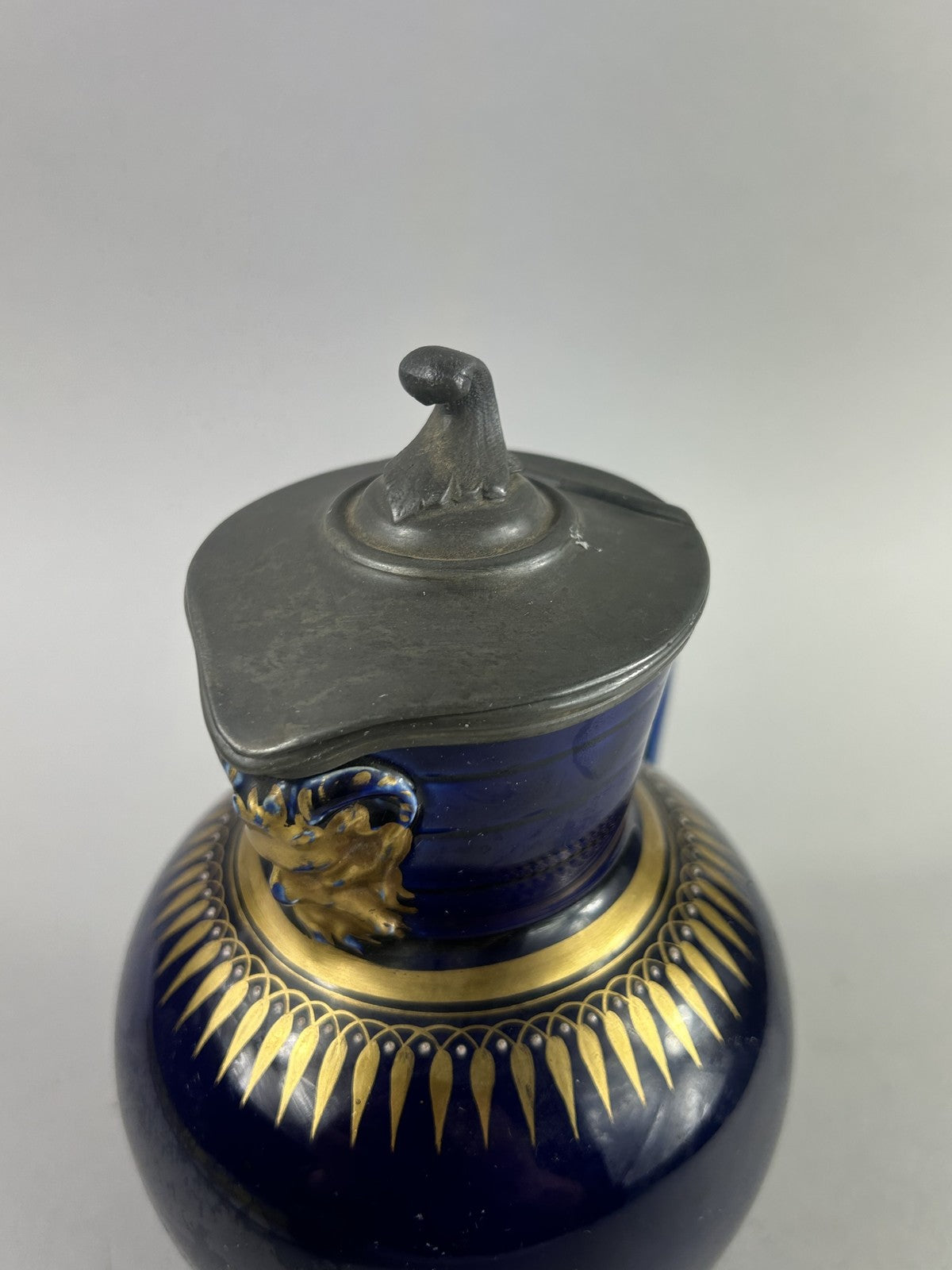 Wedgwood Victorian Blue and Gold Doric Jasperware Jug with Pewter Lid