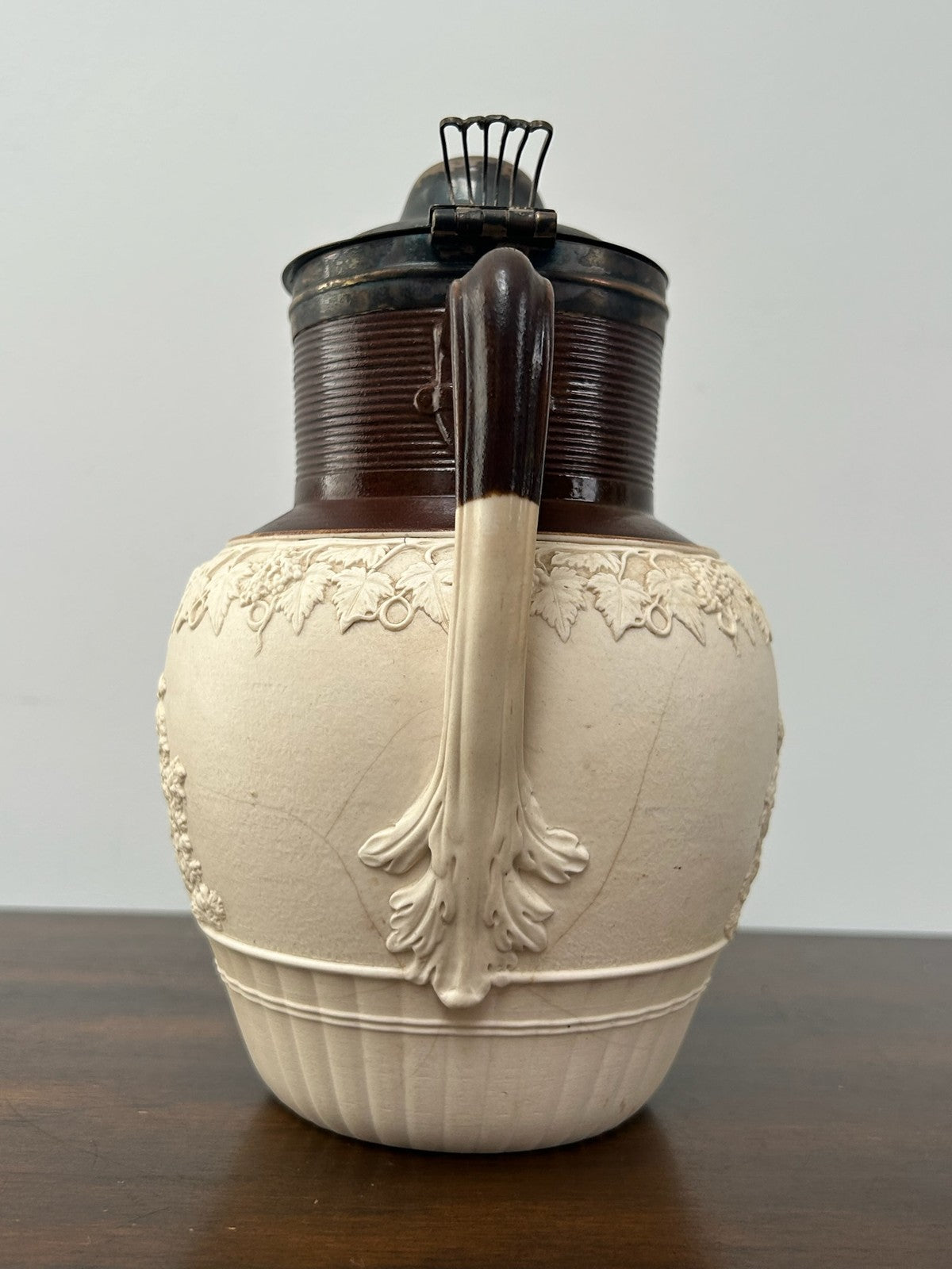 Turner Stoneware Jug Silver Lid 19cm Sprigged Relief Antique Georgian c18003