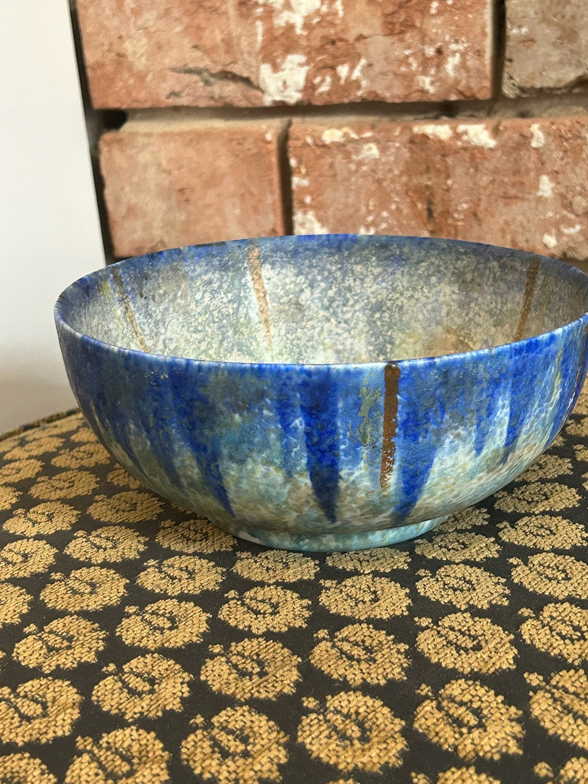 Vintage Studio Pottery Bowl Blue Drip Glaze Crackle Interior Art Pottery6