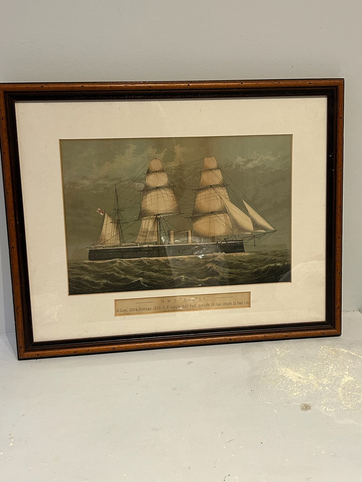 Antique Print Royal Navy Steam Frigate HMS 12 Guns F Johnson Portsea Framed0
