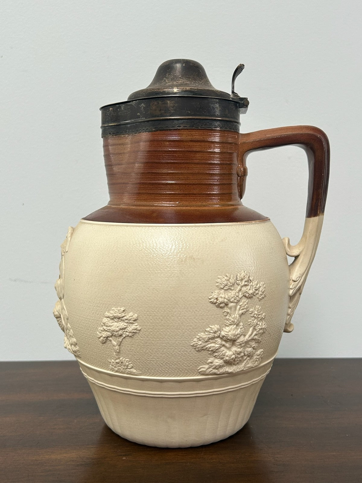 Large Turner Stoneware Jug Silver Lid 25cm c1800 Sprigged Hunting Georgian1
