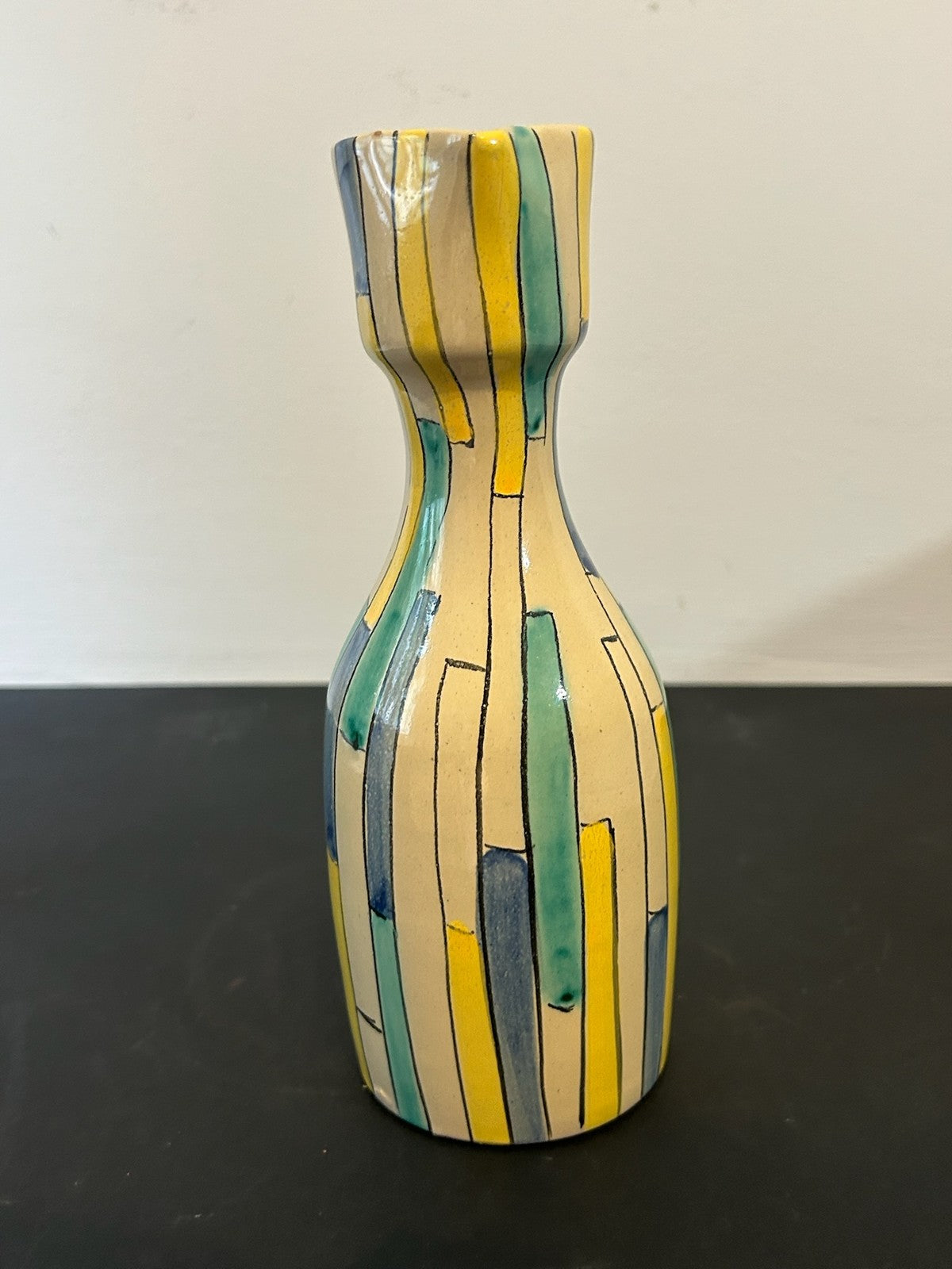 1960s Italian Pottery Jug Hand Painted Stripes Yellow Blue Green 21cm3