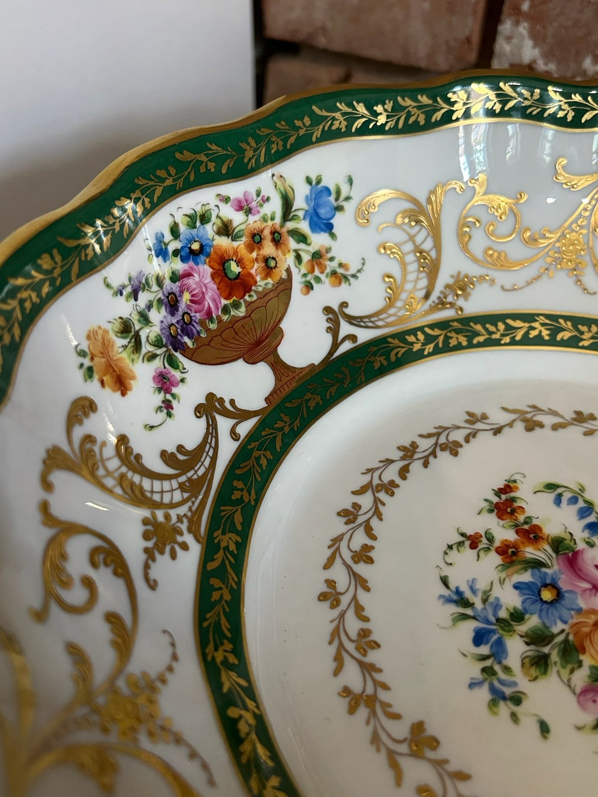 Le Tallec Paris Hand Painted Porcelain Bowl Green Gilt Border Floral Centre4