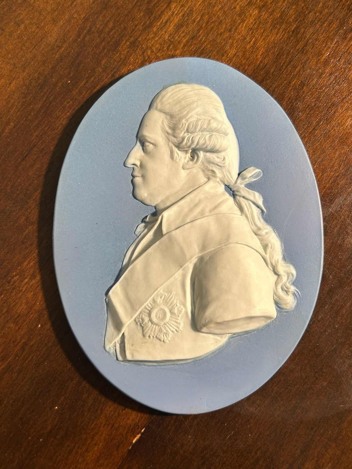 Antique 18thC Wedgwood Blue Jasper Portrait Medallion Nobleman Sash Star Incised0
