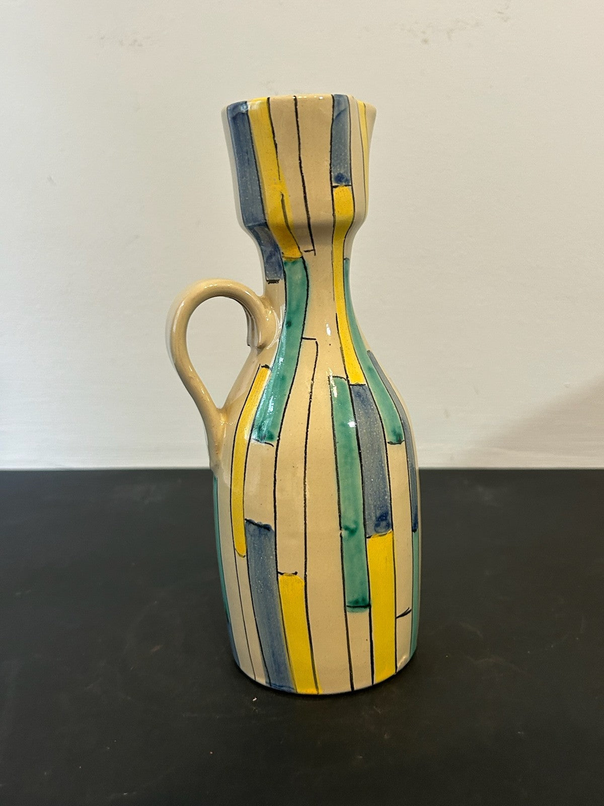 1960s Italian Pottery Jug Hand Painted Stripes Yellow Blue Green 21cm2