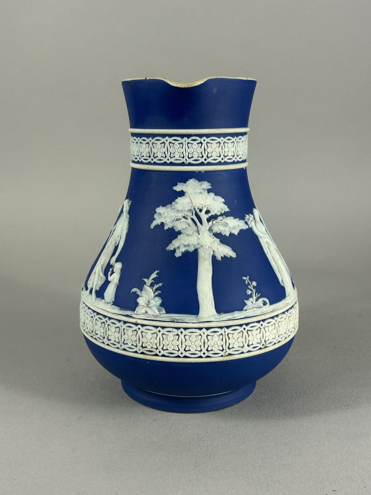 Antique Wedgwood Blue Jasperware Classical Relief Pitcher 18cm