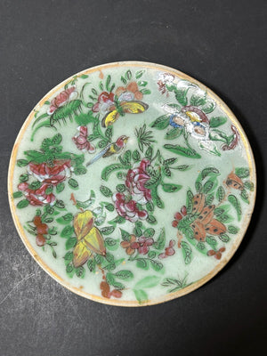 Antique Chinese Canton Famille Rose Small Plate Butterflies Celadon Ground 15cm