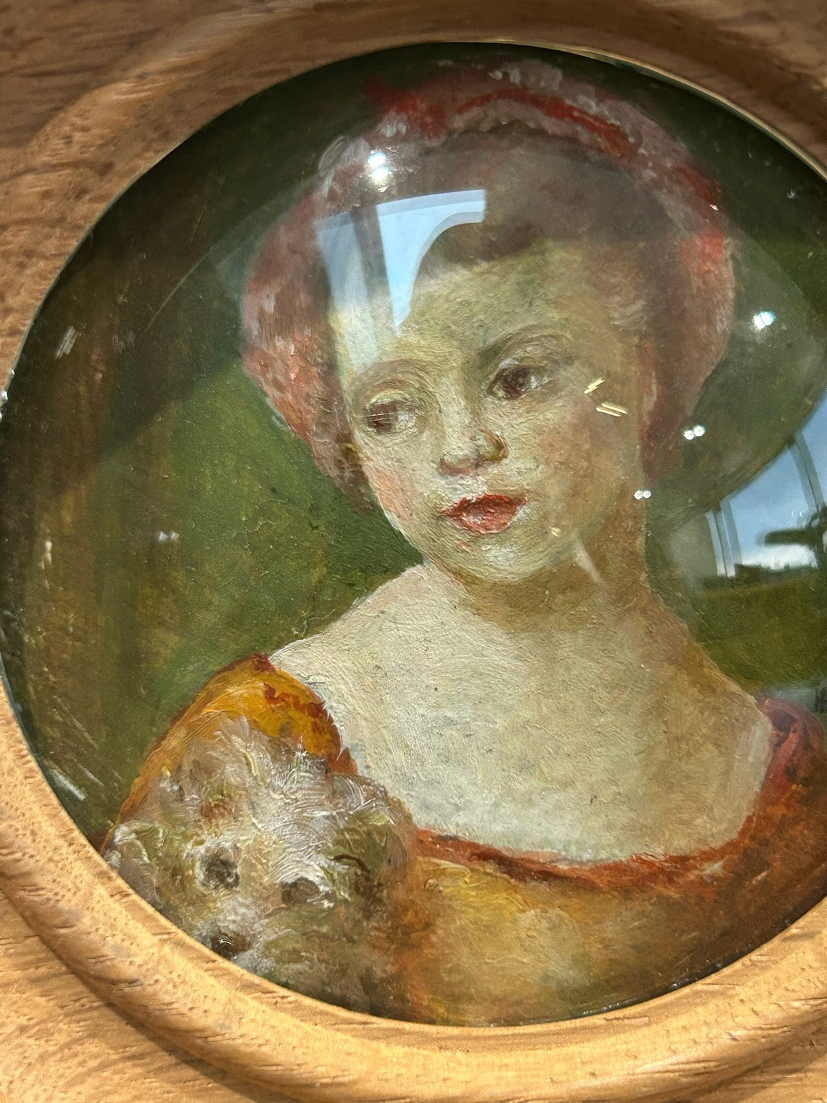 Antique Oil Miniature Portrait Young Girl Treen Wood Frame Convex Glass Signed2