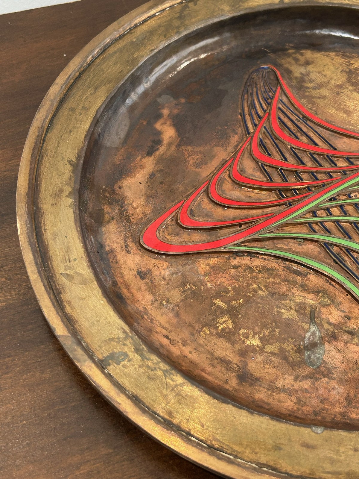 French Art Deco Dinanderie Copper Brass Tray Enamel Fan Motif c.1925402