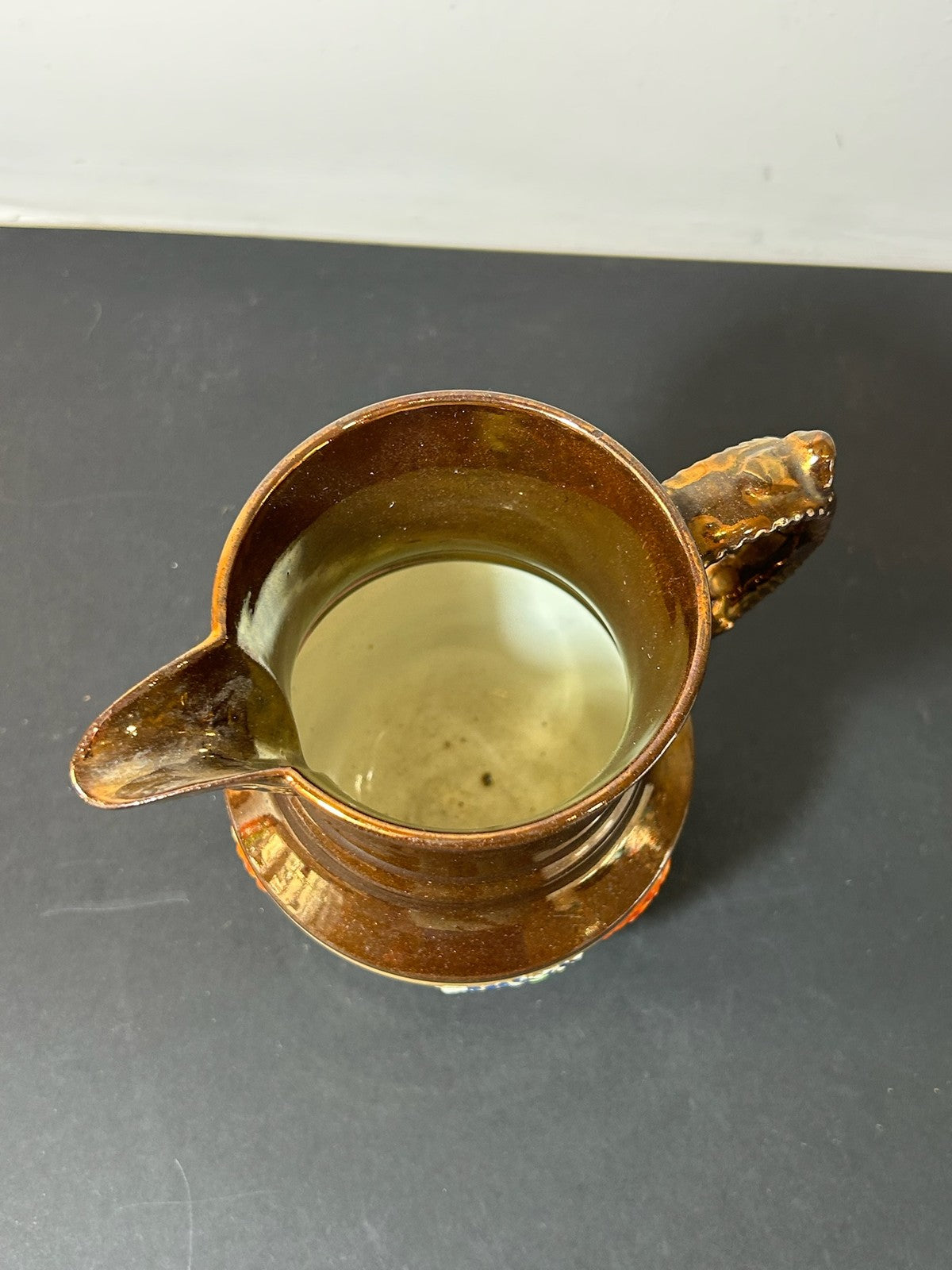 Victorian Copper Lustre Jug Yellow Band Moulded Flowers 15cm4