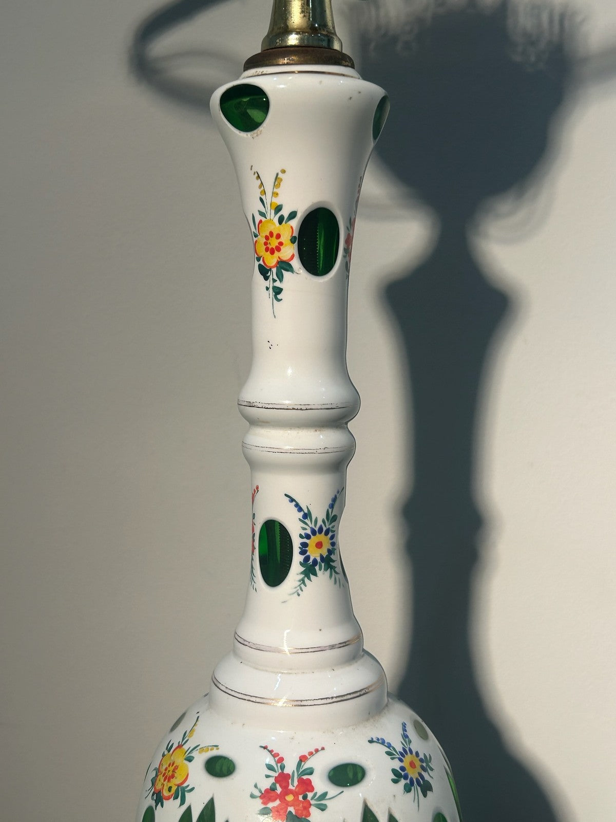 Antique Bohemian Overlay Glass Oil Lamp White Cut Green Hand Enamelled Brass6