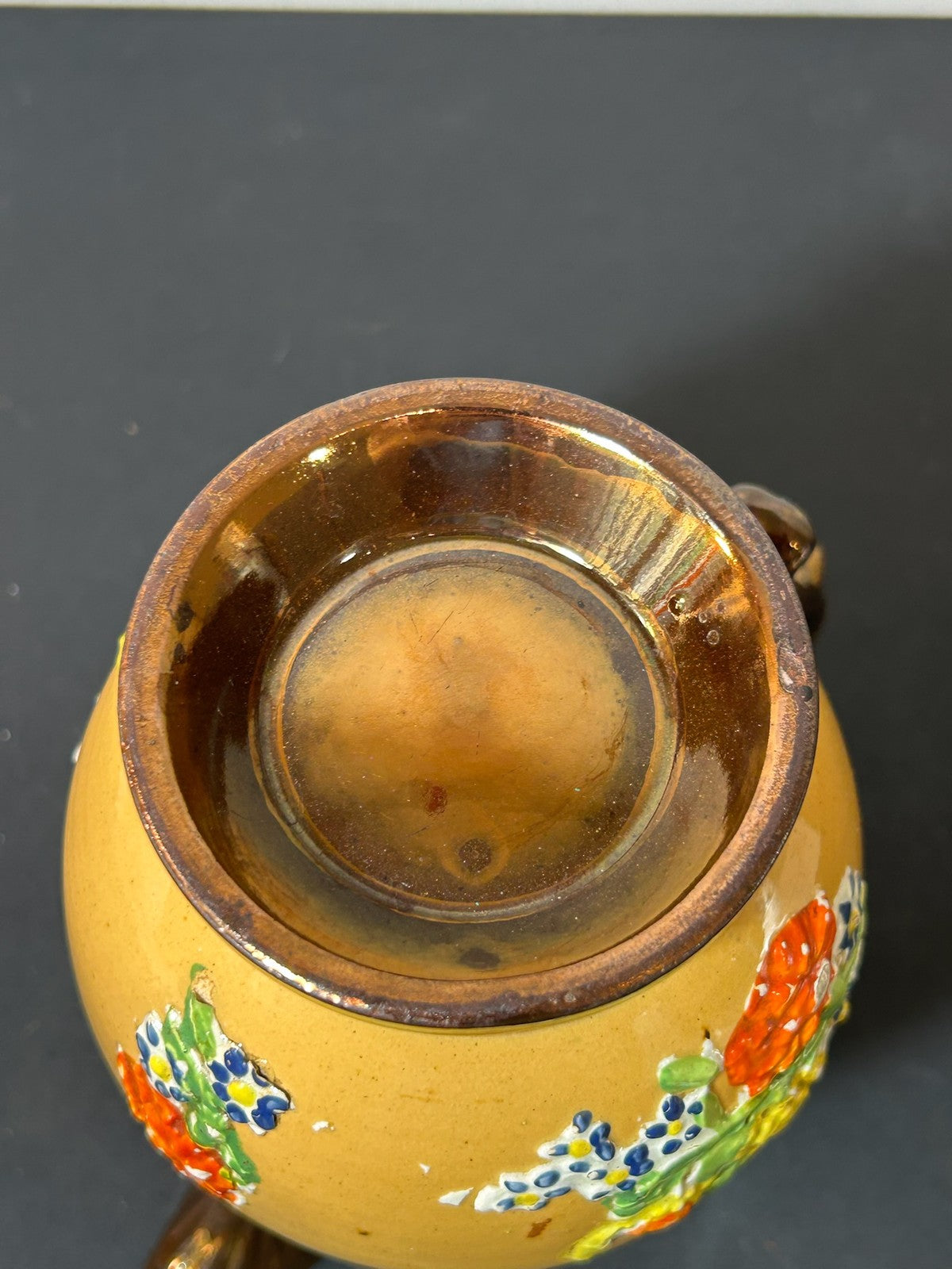 Victorian Copper Lustre Jug Yellow Band Moulded Flowers 15cm5