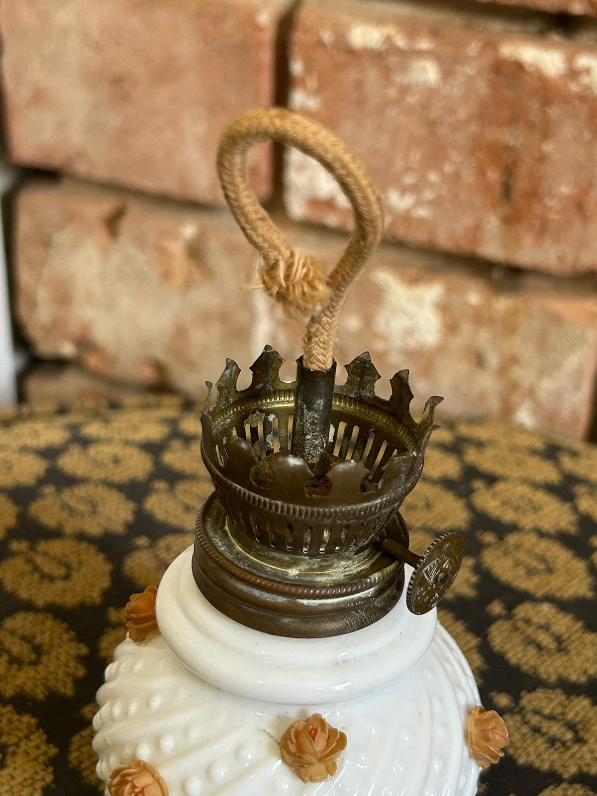 Vintage Milk Glass Miniature Oil Lamp Hobnail Applied Amber Roses Brass Burner3