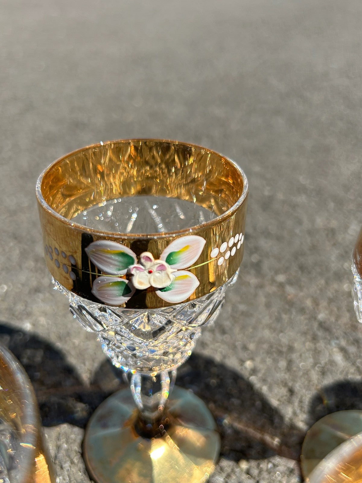 Set of 6 Bohemian Style Cut Crystal Wine Glasses Gilt Bands Enamelled Flowers10