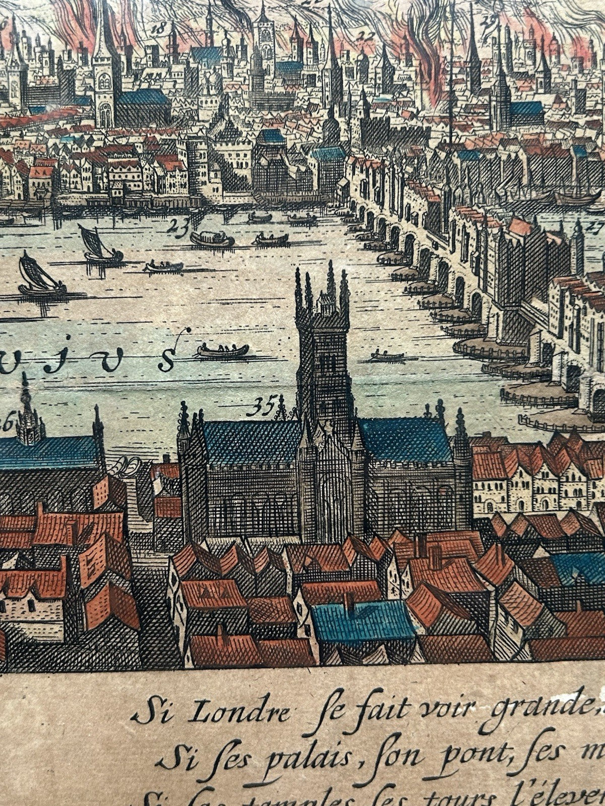 Rare 17thC Justus Danckerts London Great Fire 1666 Hand-Coloured Map11