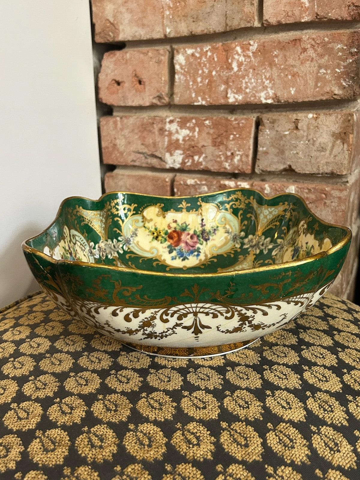 Le Tallec Paris Hand Painted Porcelain Square Dish Green Gilt Floral Border0