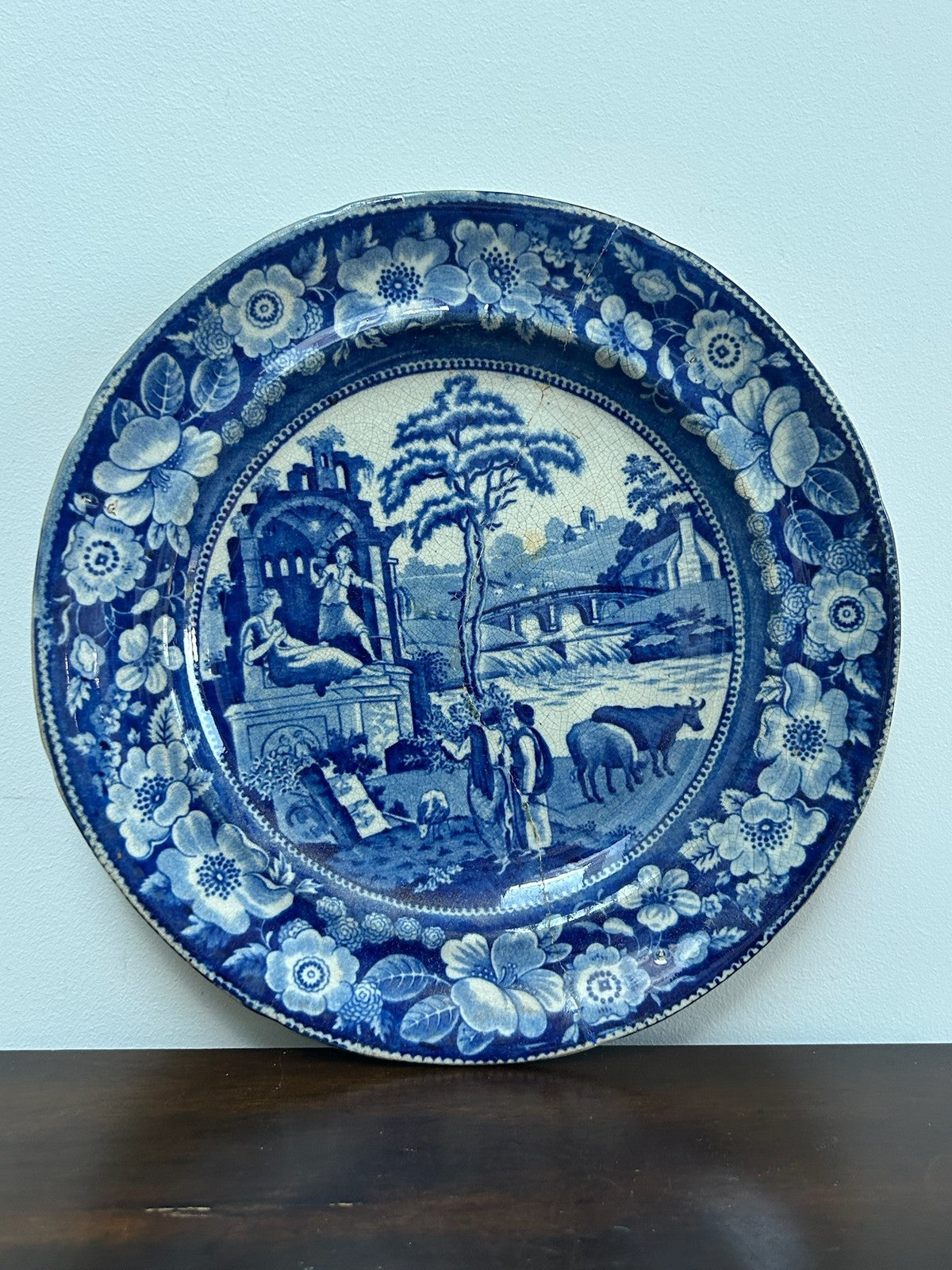 Antique Staffordshire Blue White Plate c1820 Landscape Floral Border Transfer0