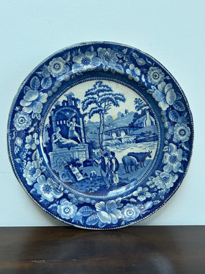 Antique Staffordshire Blue White Plate c1820 Landscape Floral Border Transfer