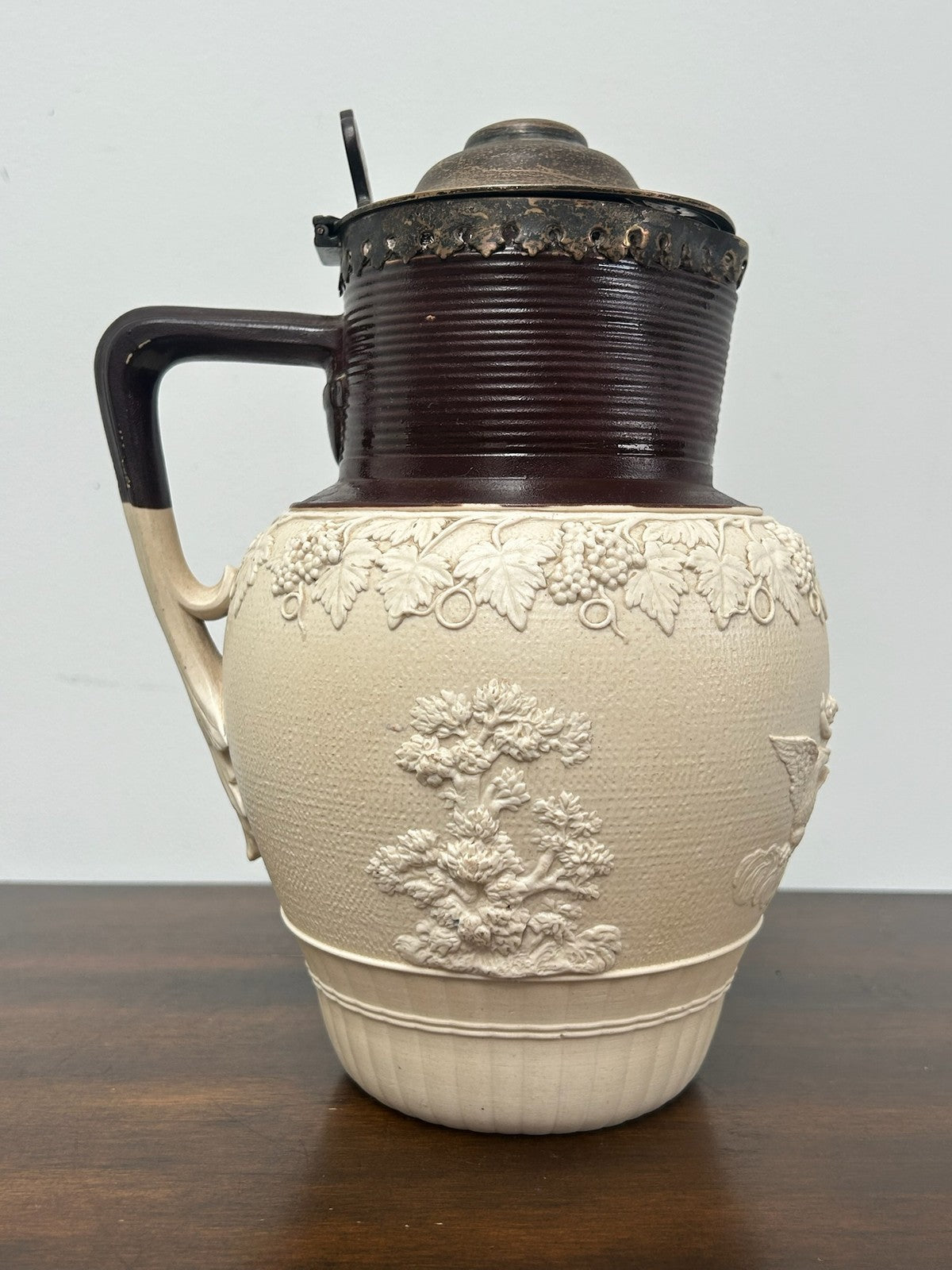 Large Turner Stoneware Jug Silver Lid 23cm Sprigged Relief Georgian c18000