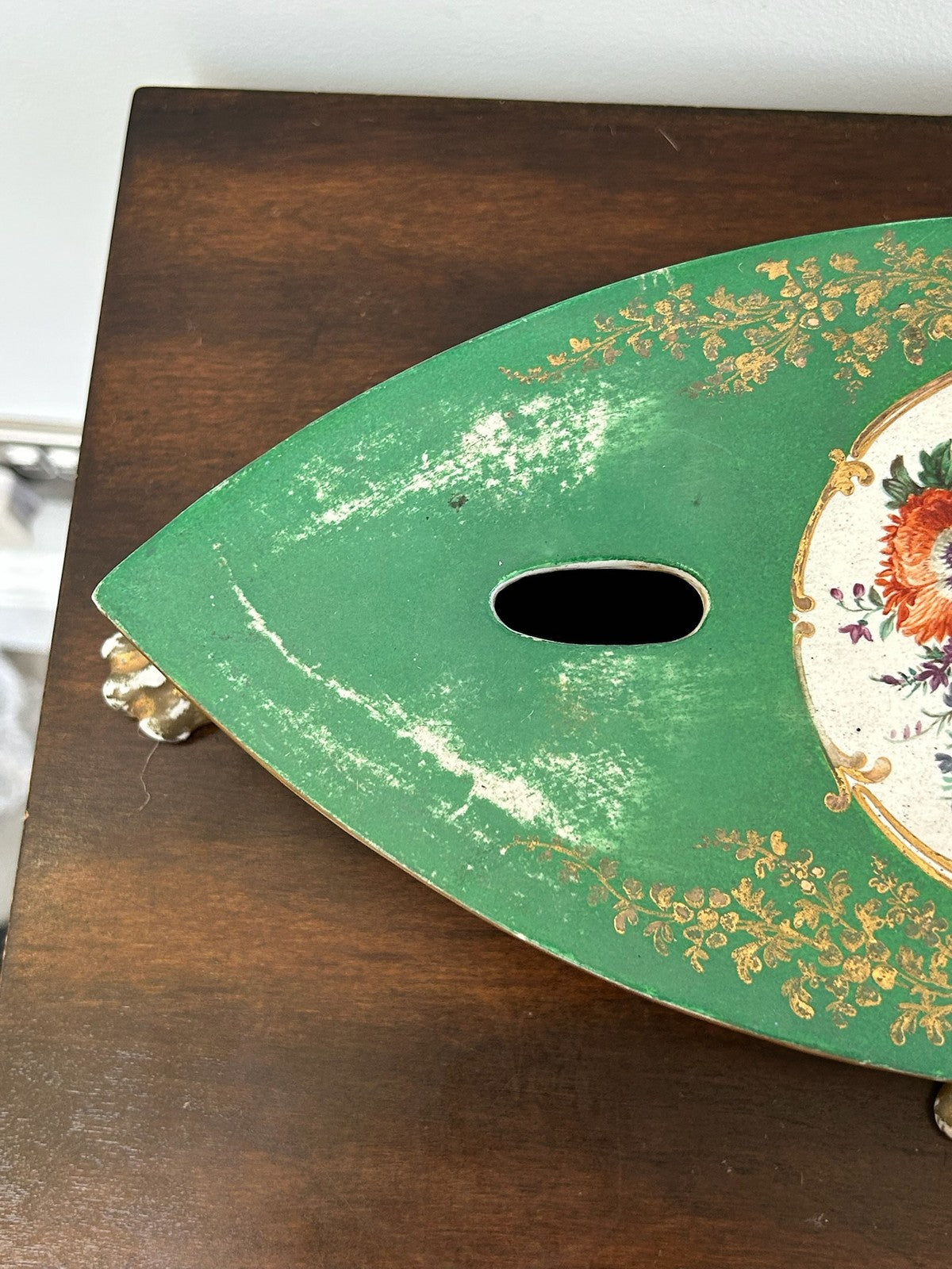 Antique Green Ground Porcelain Plateau Stand Gilt Paw Feet Floral Centre4