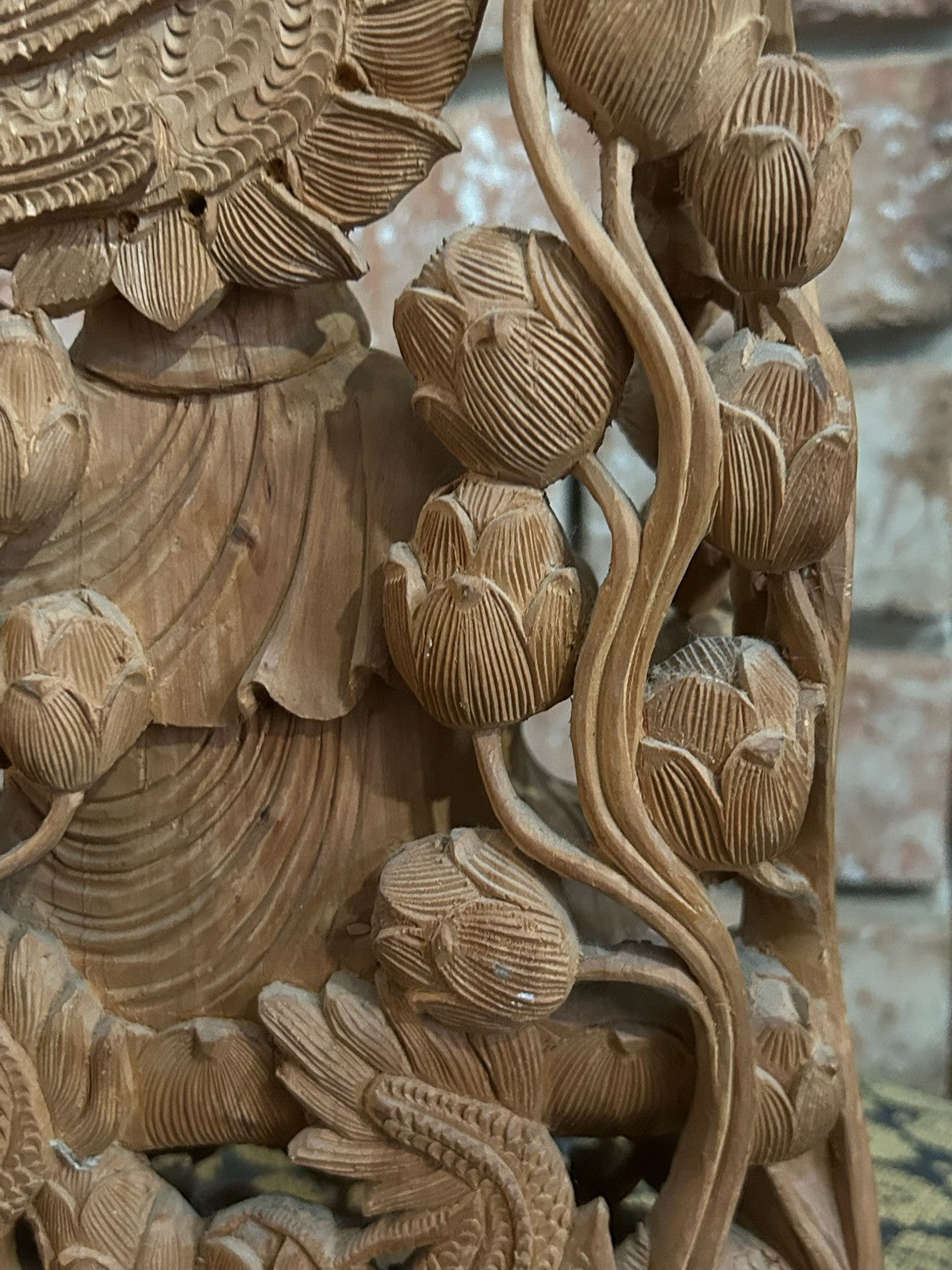 Chinese Carved Wood Guanyin Figure Group Dragons Lotus Deeply Carved Panel14