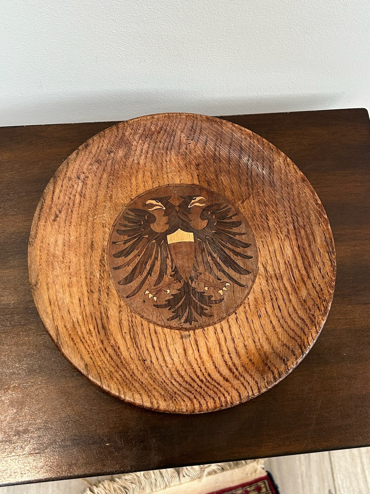 Antique Austro Hungarian Marquetry Wood Dish Double Headed Eagle Shield Imperial0