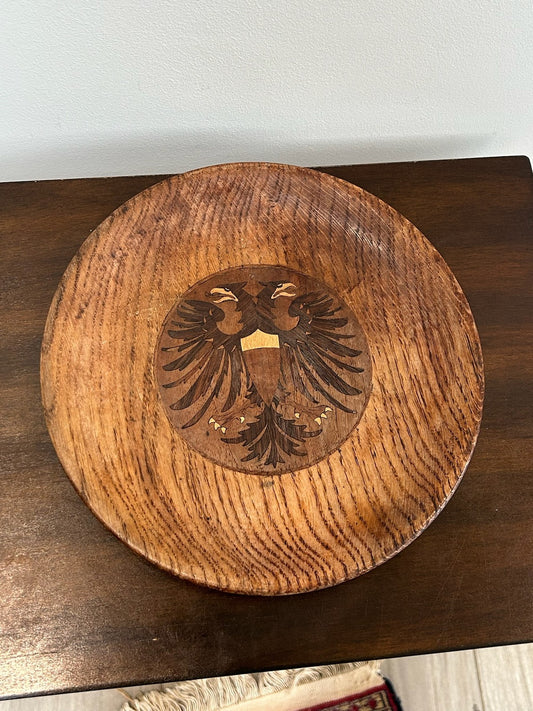 Antique Austro Hungarian Marquetry Wood Dish Double Headed Eagle Shield Imperial0